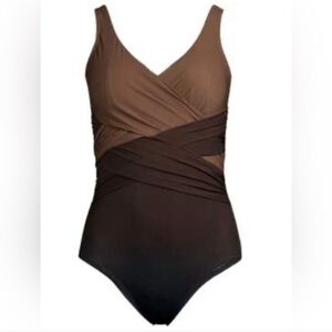 Lands End Women's SlenderSuit Wrap One Piece Swimsuit In Brown Ombre Size 12